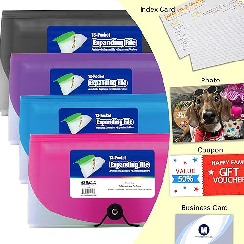 Vista 5 de BAZIC Products Carpeta de archivos expandible de 13 bolsillos, carpetas de archivos de plástico tamaño cupón con bolsillo con pestañas