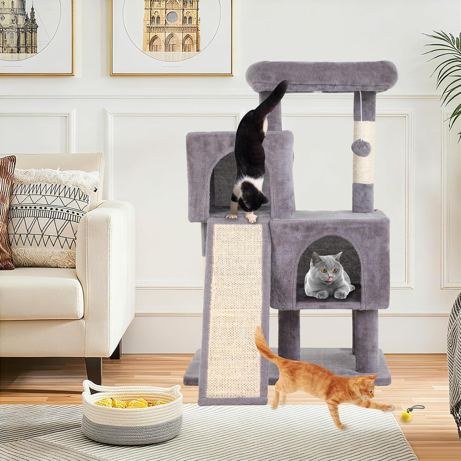 36 Inches Cat Tree for Indoor Cats, Multi-Level Cat Tower with Scratching Posts, Ramp, Plush Perch & 2 Condos, Stable for Multiple Cats Kittens House & Small Room(Ashy)