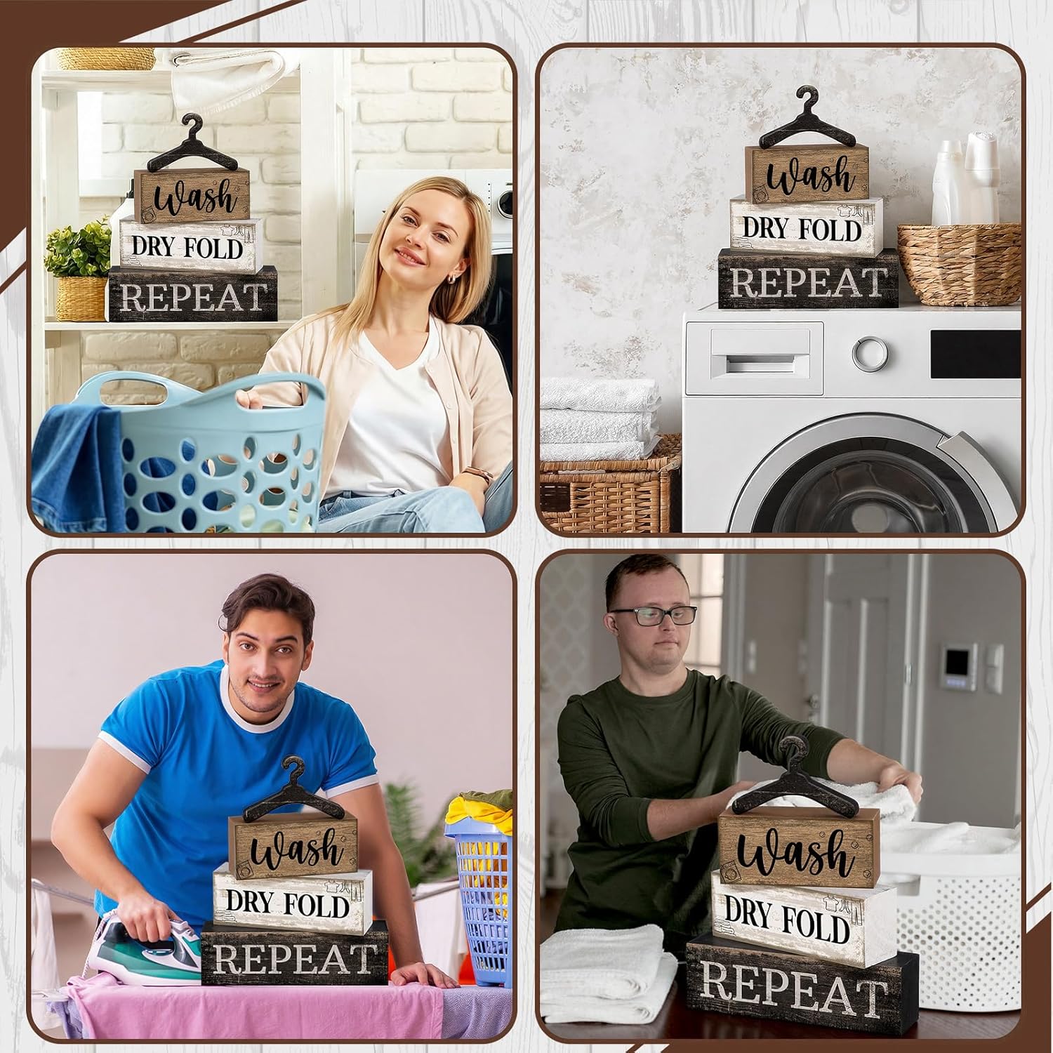Moucuny 4 Pcs Farmhouse Laundry Room Decor Stacked Blocks, Wash Dry Fold Repeat Wooden Sign Set with Vintage Hanger - Rustic Home Shelf Decor for Laundry Area Housewarming Gift