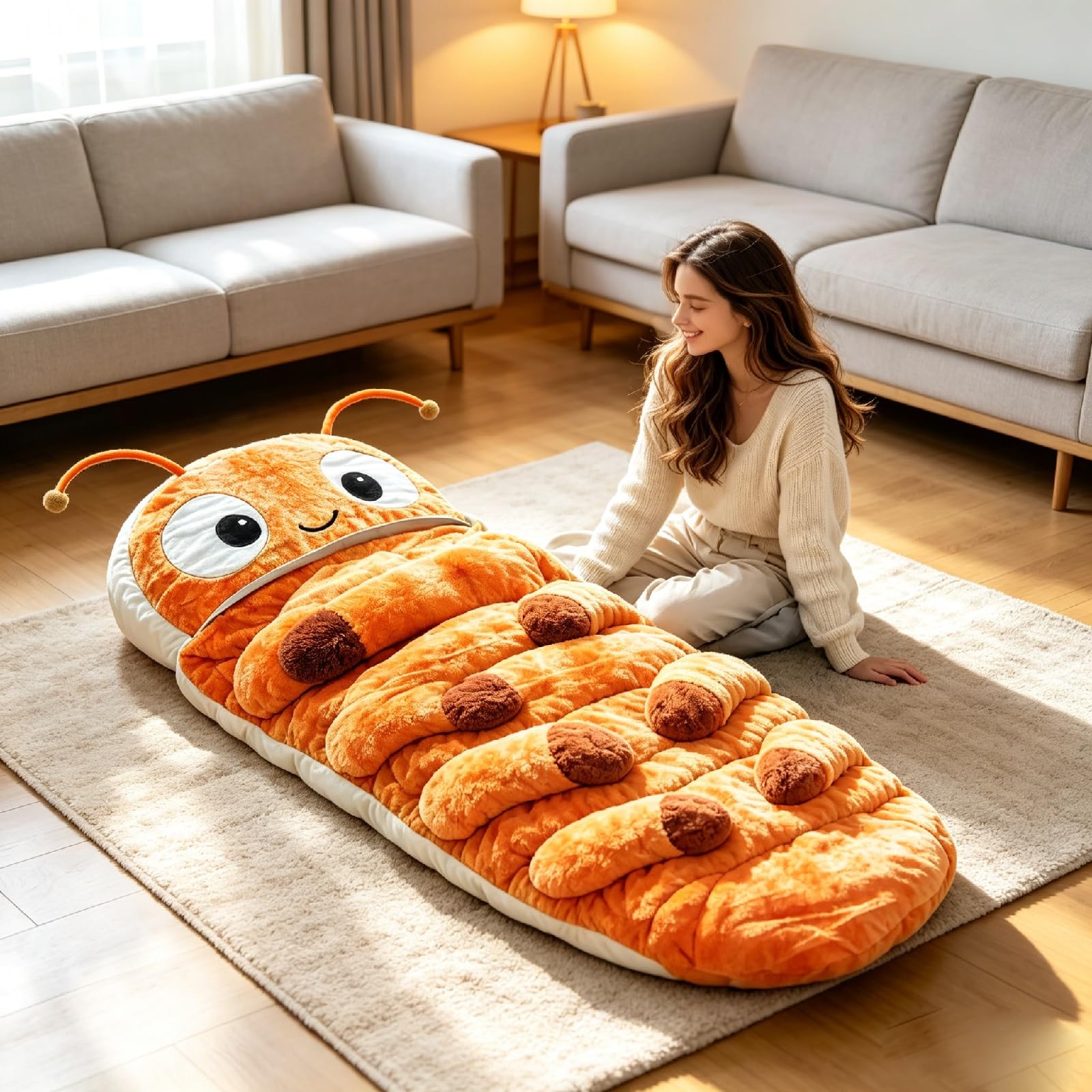 Hugging Caterpillar Sleeping Bags – Plush Cocoon Full-Body Lounger, Indoor Nap Pod, Pull Cord Hugging System, Cozy Reading Nest, Soft Convertible Sleeping Bag, Travel & Indoor Use