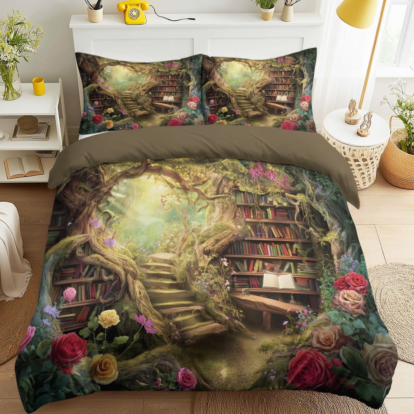 Biancheria da letto con fantasia fiabe, 200 x 200 cm, pastorale, accogliente, guarigione, calma, biblioteca, fiori, in microfibra, con chiusura lampo, include 1 copripiumino e 2 federe, per bambini e