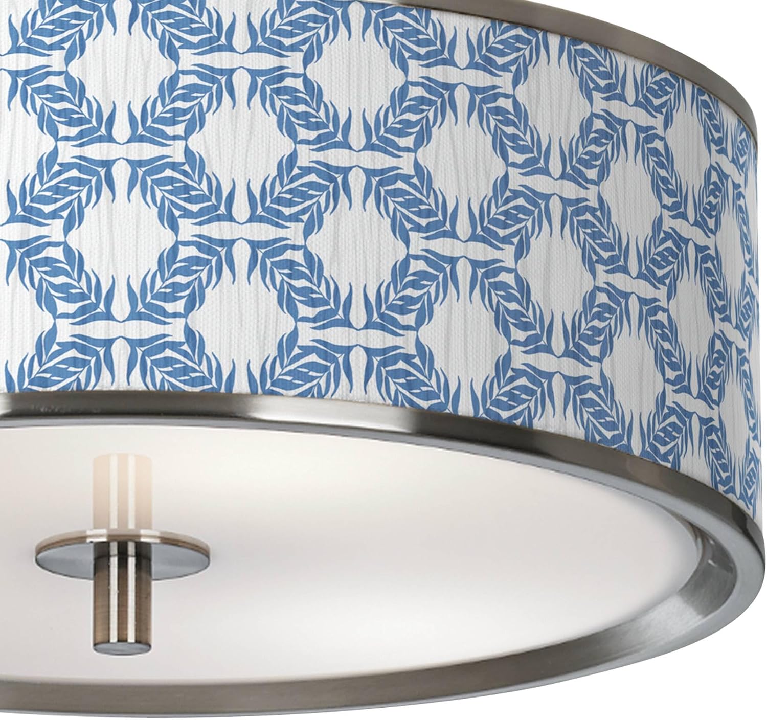 Giclee Glow 14" Country Coastal Semi Flush-Mount Ceiling Light Fixture Kitchen Foyer Hallway Drum Round Leaf Symmetry Shade LED Blue White Brushed Nickel Finish Bedroom Bathroom Entryway Indoor