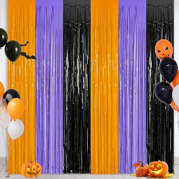 ZATAYE 2 Pack Orange Purple Black Halloween Foil Curtain Decorations