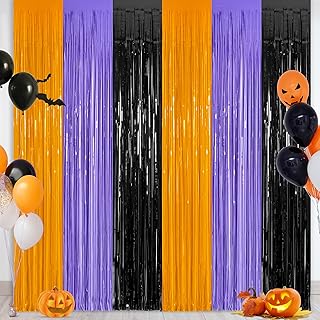 2 Pack Halloween Backdrop, 3.28 FT x 7.05 FT Foil Fringe Curtains, Orange Purple Black Party Streamer Tinsel Backdrop Curtains, Halloween Decorations Door Decor Photo Props Party Supplies
