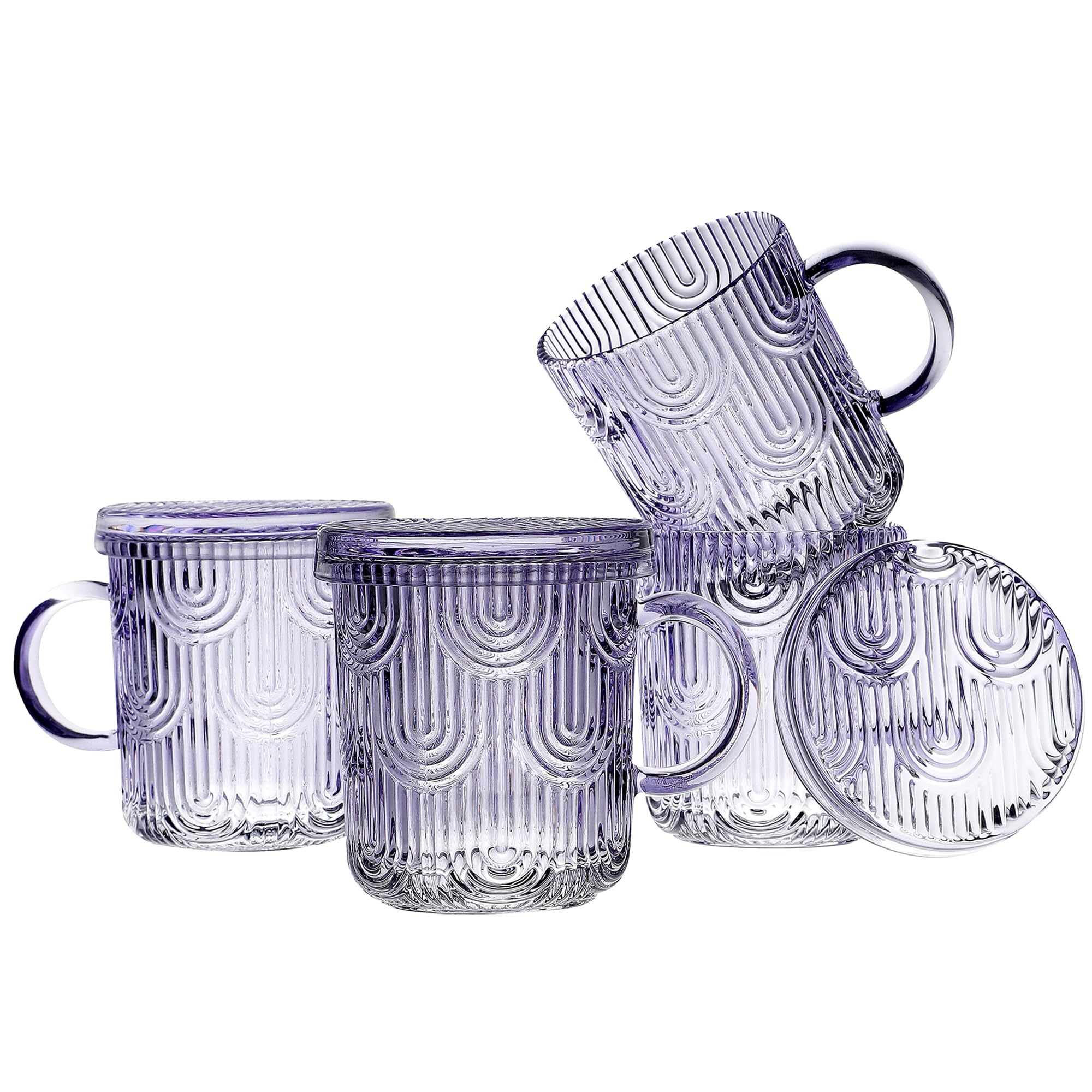 Lysenn Glass Coffee Mugs Set of 4 - Premium Crystal Glass Mugs with Lids – Unique Design Coffee Glasses for Tea Latte Cocoa Chocolate - 10 oz, Amethyst Purple