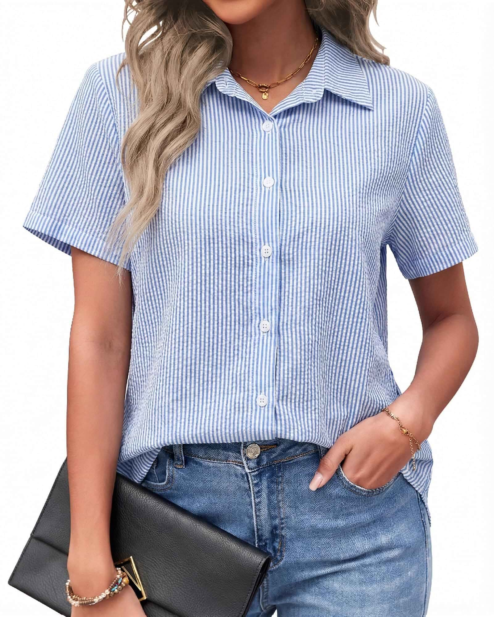 PYGFEMR Womens Button Down Shirts Short Sleeve Work Casual Business Blouses Cotton loose collared v neck tunics tops, Work casual button down shirts, 2026 womens new tops, Work blouses