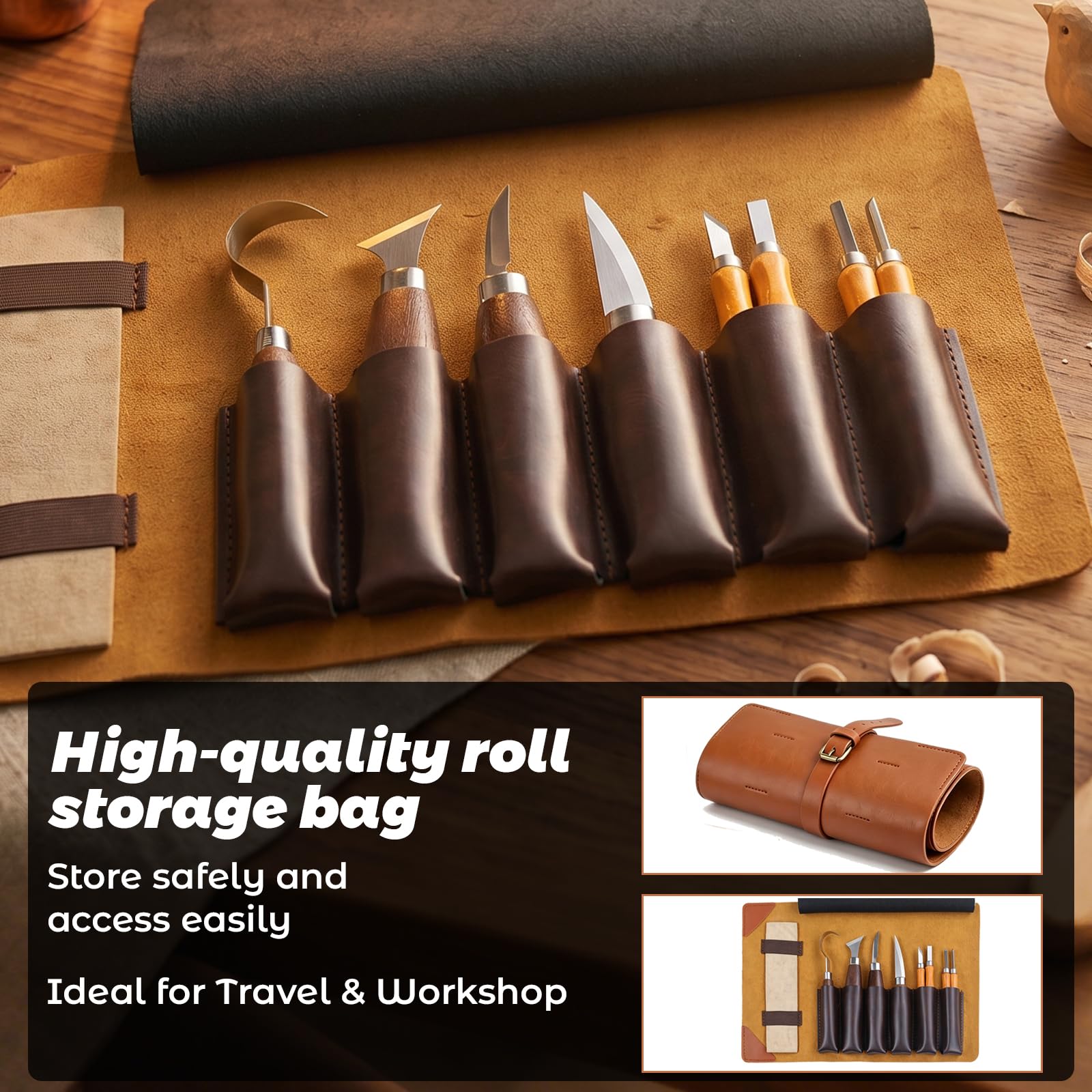 HA BIN Kit de Sculpture sur Bois 25 pièces, Set Complet pour Débutants avec Couteaux de Sculpture, Pierre à Aiguiser, Gants, Bloc de Bois de Tilleul & Sac de Rangement, Kit pour Adultes