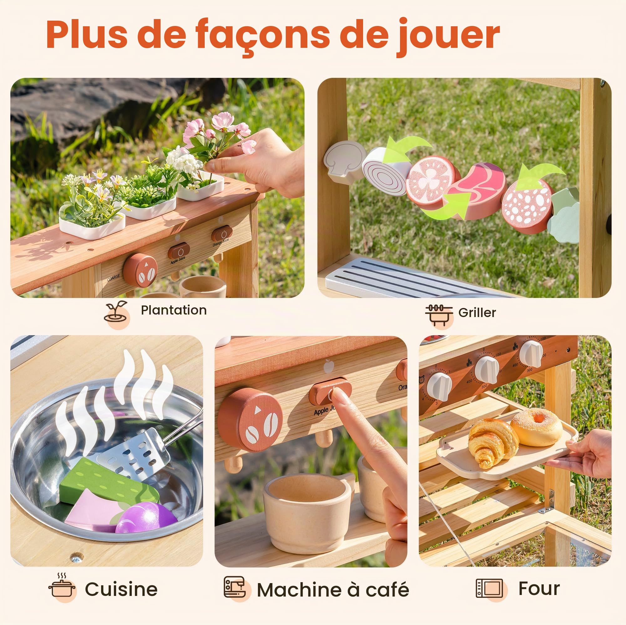 ROBUD Cuisine en Bois pour Enfants, Cuisine d'extérieur avec véritable évier, cafetière, Barbecue, Four et Tableau Noir, Jouet de Cuisine pour Jeux de rôle avec Accessoires, pour garçons et Filles 3+