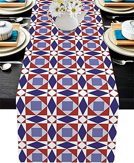 Runner da tavola in iuta, lunghezza 220 cm, blu, rosso anni '50, astratto geometrico con motivi moderni colorati e antiscivolo, per feste, sala da pranzo, cucina, decorazioni per matrimoni