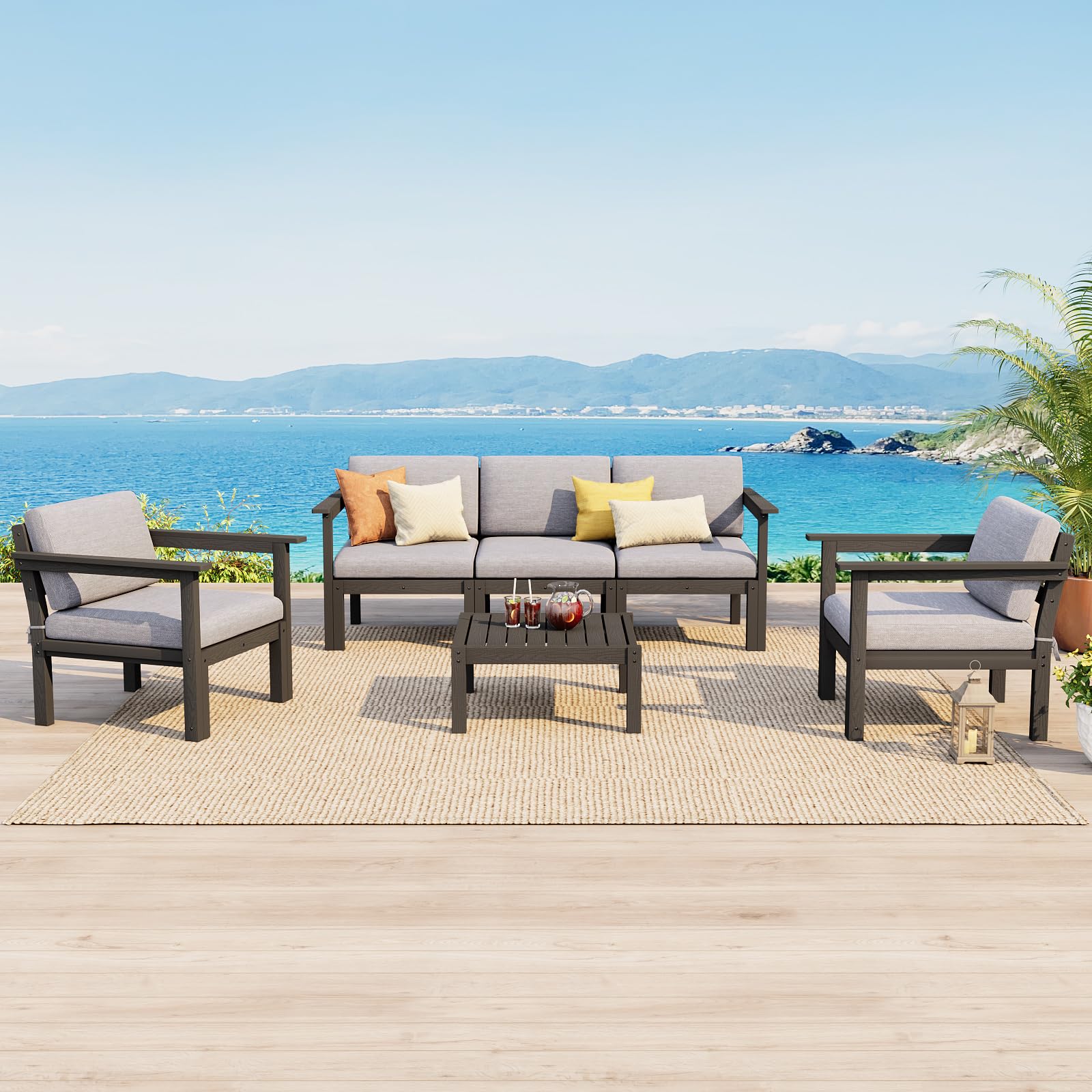 Stoog All-Weather Patio Conversation Set, 6-Piece Modular Outdoor Sectional Sofa with Table - Waterproof HIPS Frame &amp; Quick-Dry Olefin Cushions, Black