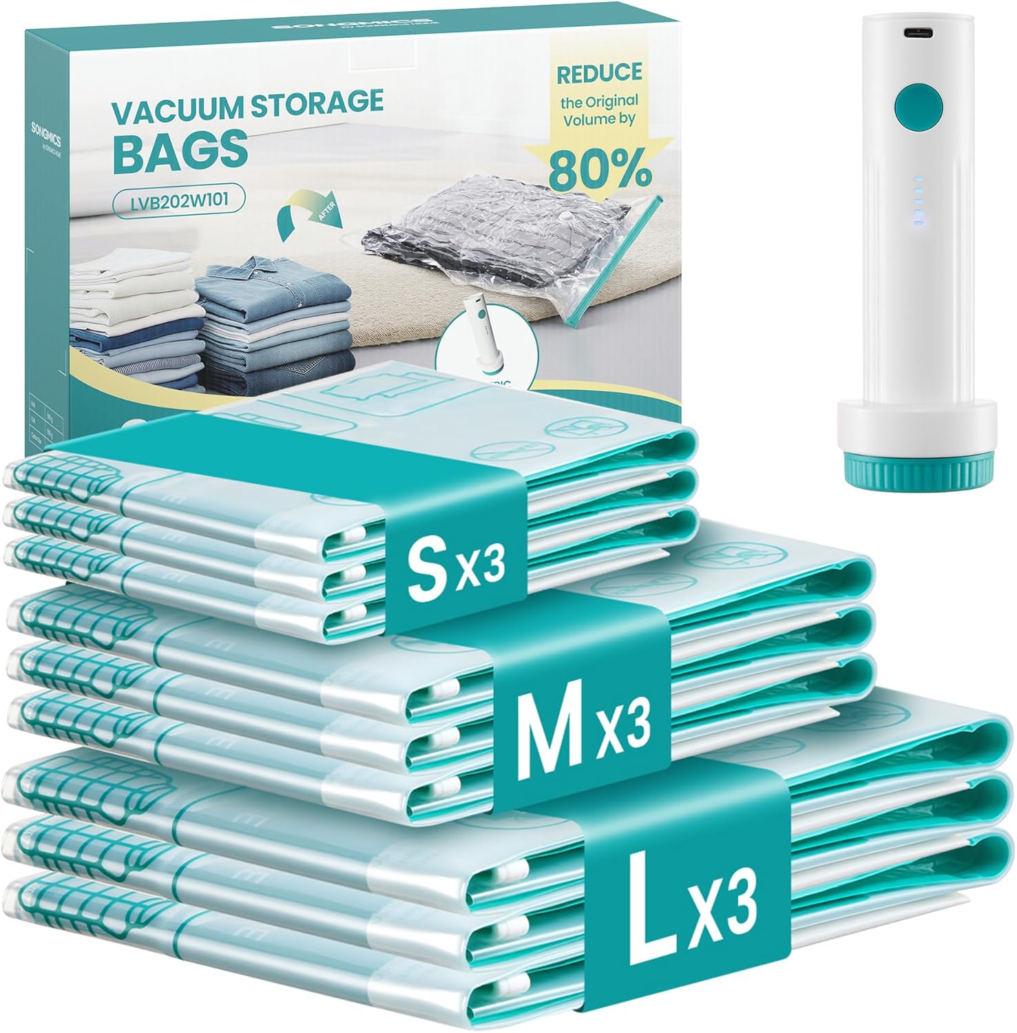 SONGMICS Vakuumbeutel für Kleidung, Vakuumierbeutel, elektrische Pumpe wiederaufladbar, Aufbewahrungsbeutel Bettwäsche, Reise wiederverwendbar, 9 Beutel, 3 S/3 M/3 L, transparent LVB201W101