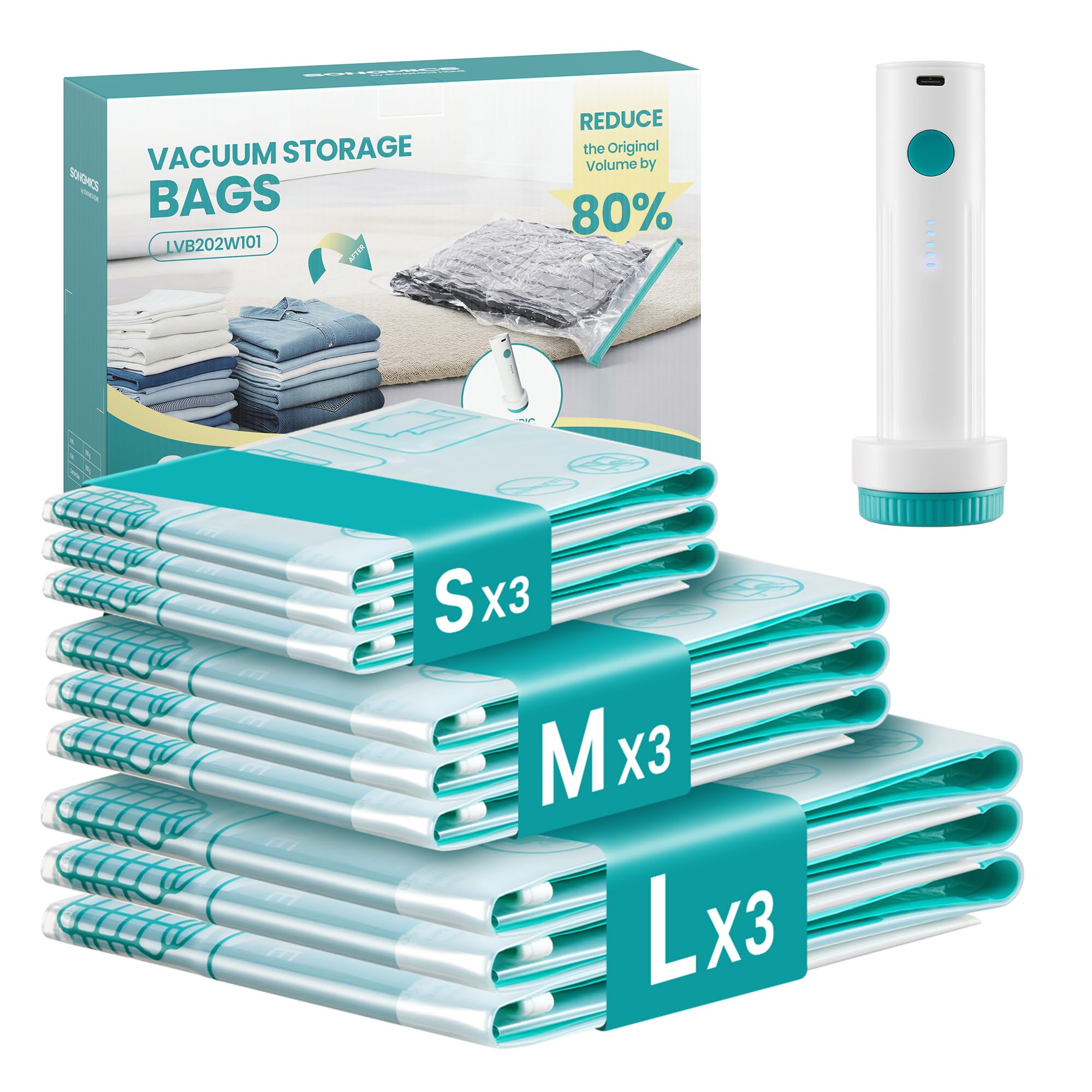 SONGMICS Bolsas de Vacío con Bomba Eléctrica Recargable y Portátil, Bolsas para Ropa, Sábanas, Armarios y Viajes, Compactas y Reutilizables, 9 Piezas, 3S/3M/3L, Transparentes LVB201W101 - 1