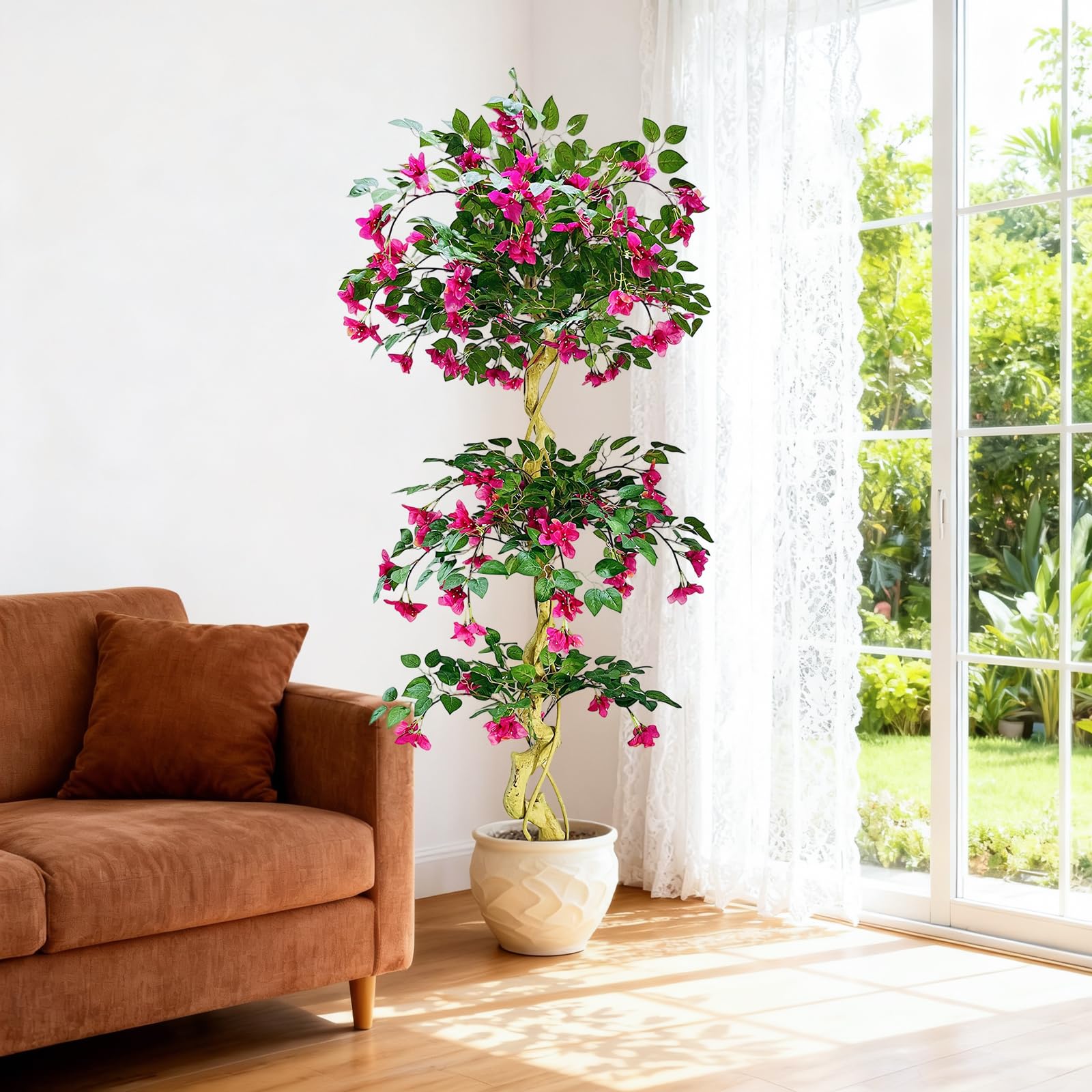 Aptliton 6FT Artificial Bougainvillea Tree, 180cm Tall Large Realistic Faux Tree In Pot, with Flowers And Leaves, Home Decor Large Artificial Bougainvillea Plant for Indoor Office Living Room Balcony