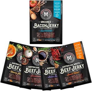 Meat Artisan Jerky Variety Pack - Wagyu Beef (4 Flavors) & Applewood Bacon High Protein Snack - Gluten Free No MSG - Steakhouse, Jalapeño, BBQ, Sweet Heat, & Applewood Bacon - 3oz (85g) Each Pack