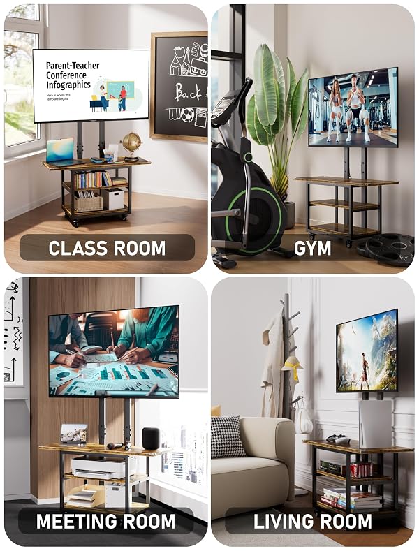 EZISE Heavy Duty Mobile TV Cart with 3-Tier Shelves, Height Adjustable Rolling TV Stand for 32-75 inch TVs up to 150 lbs, Portable TV Stand with Wheels for Home & Office, Max VESA 600×400mm(Retro) by EZISE - Image 7