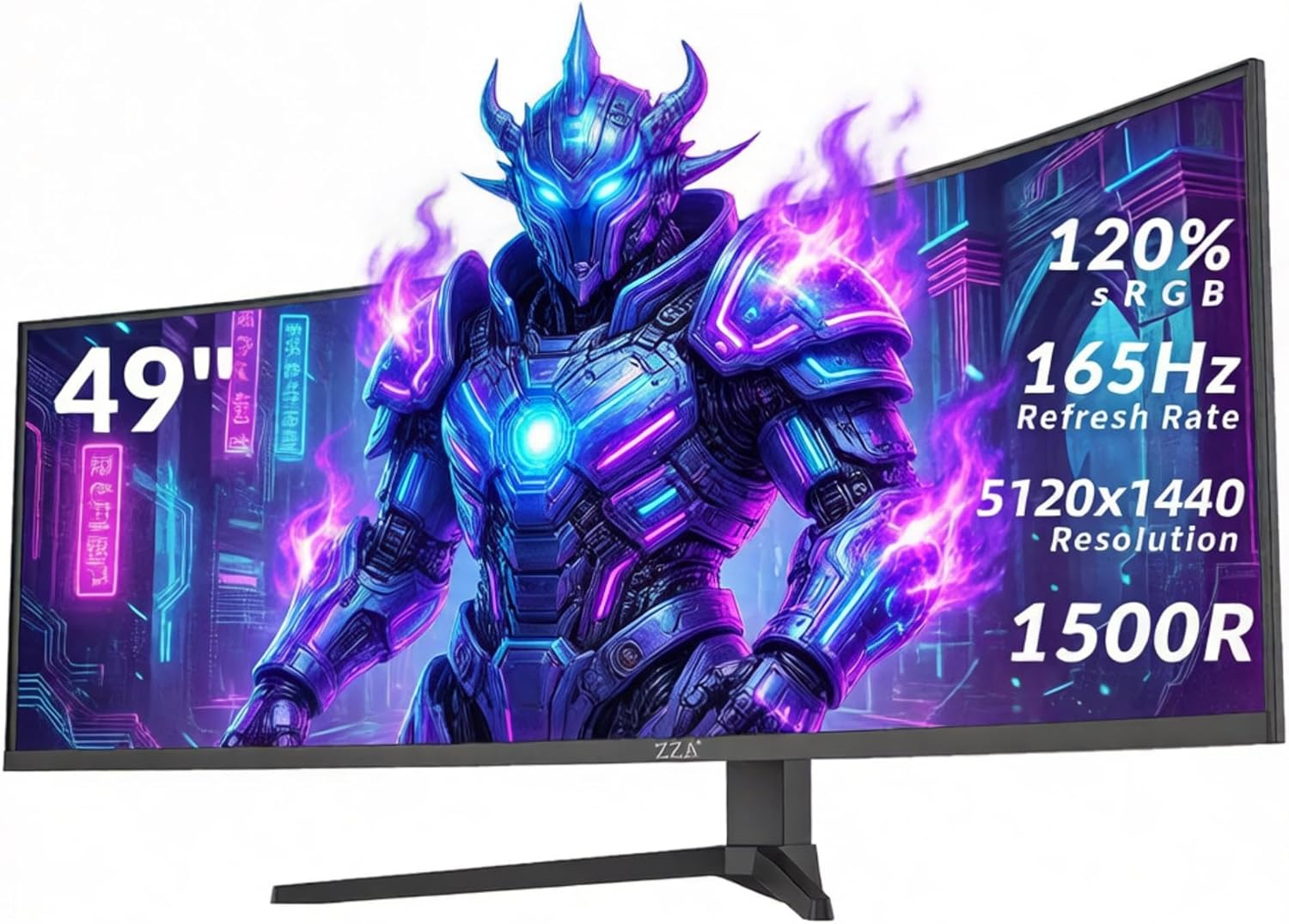 ZZA 49-Inch Ultra-Wide DQHD Curved Gaming Monitor | 5120×1440, 1500R, 165Hz, AMD FreeSync, 120% sRGB, Height Adjustable, HDMI 2.1/DP 1.4 Wall Mountable- Black