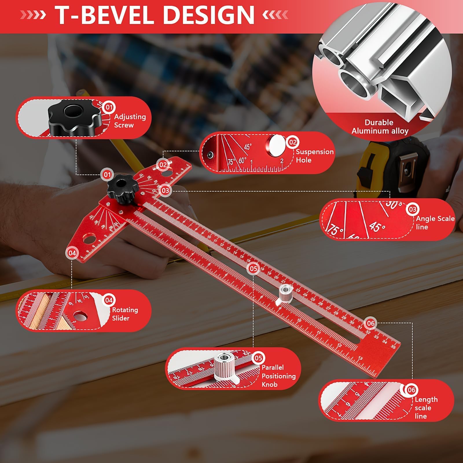 Équerre de Menuisier en T avec Règle Traceur, 40 cm Règle d’Angle en Alliage d'Aluminium, Rapporteur de Menuiserie Ajustable avec Gravée pour Bricolage Charpentier Architecte (Rouge)