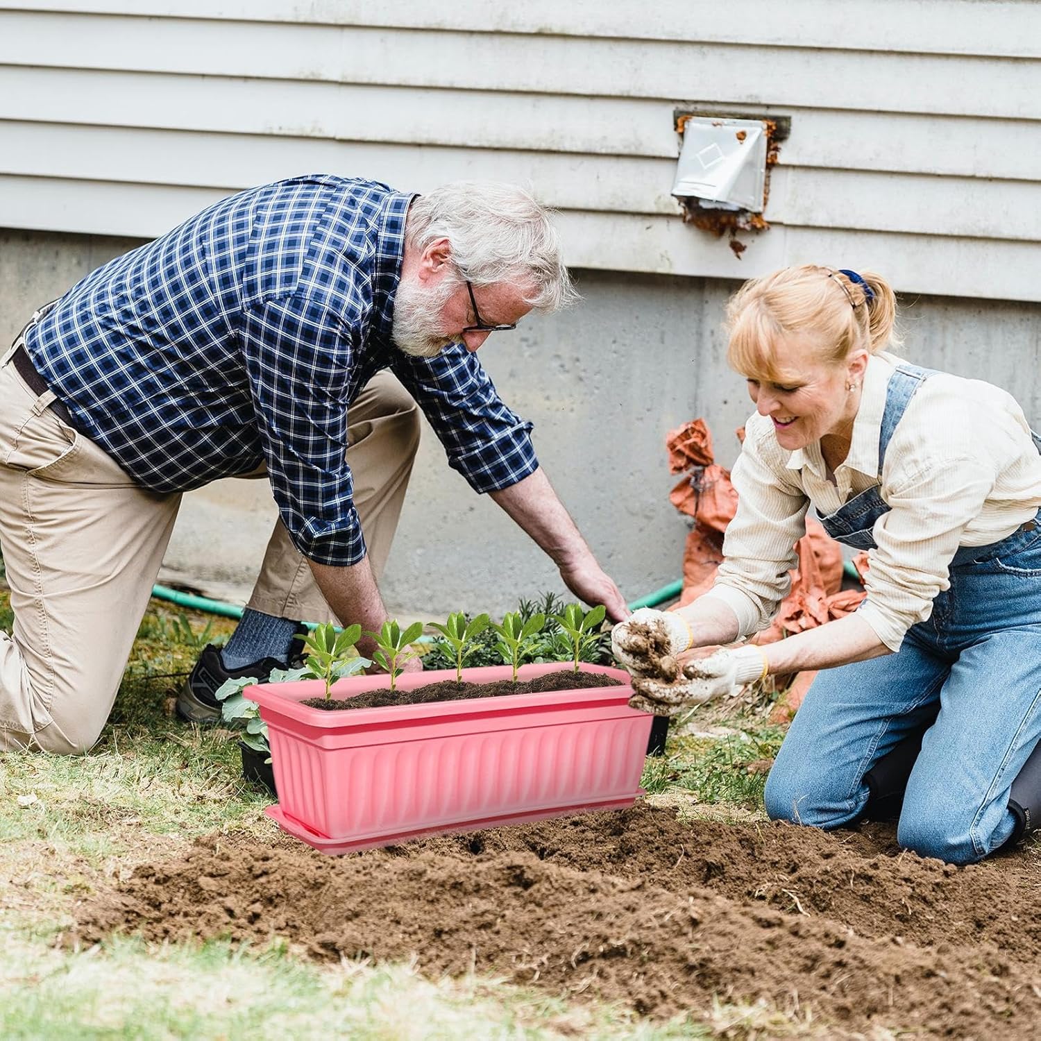 Window Box Planter - Rectangle Planter Box | 6pcs Railing Box with Trays| Weather Resistant Container Built-in Drainage Holes Accessories for Growing Vegetables Kitchen Balcony, Porch, Garde
