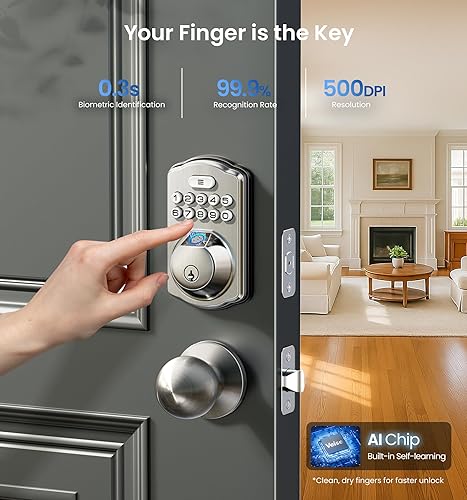 Miniatura 2 de Veise Cerradura de puerta de huellas dactilares con 2 perillas, cerradura de puerta de entrada sin llave con asa, cerrojo de teclado electrónico,