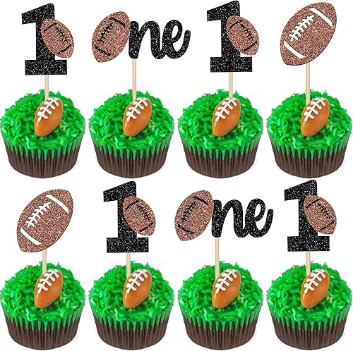 24 piezas de decoración de rugby para magdalenas de primer cumpleaños con purpurina para primer cumpleaños, fútbol americano, decoración para