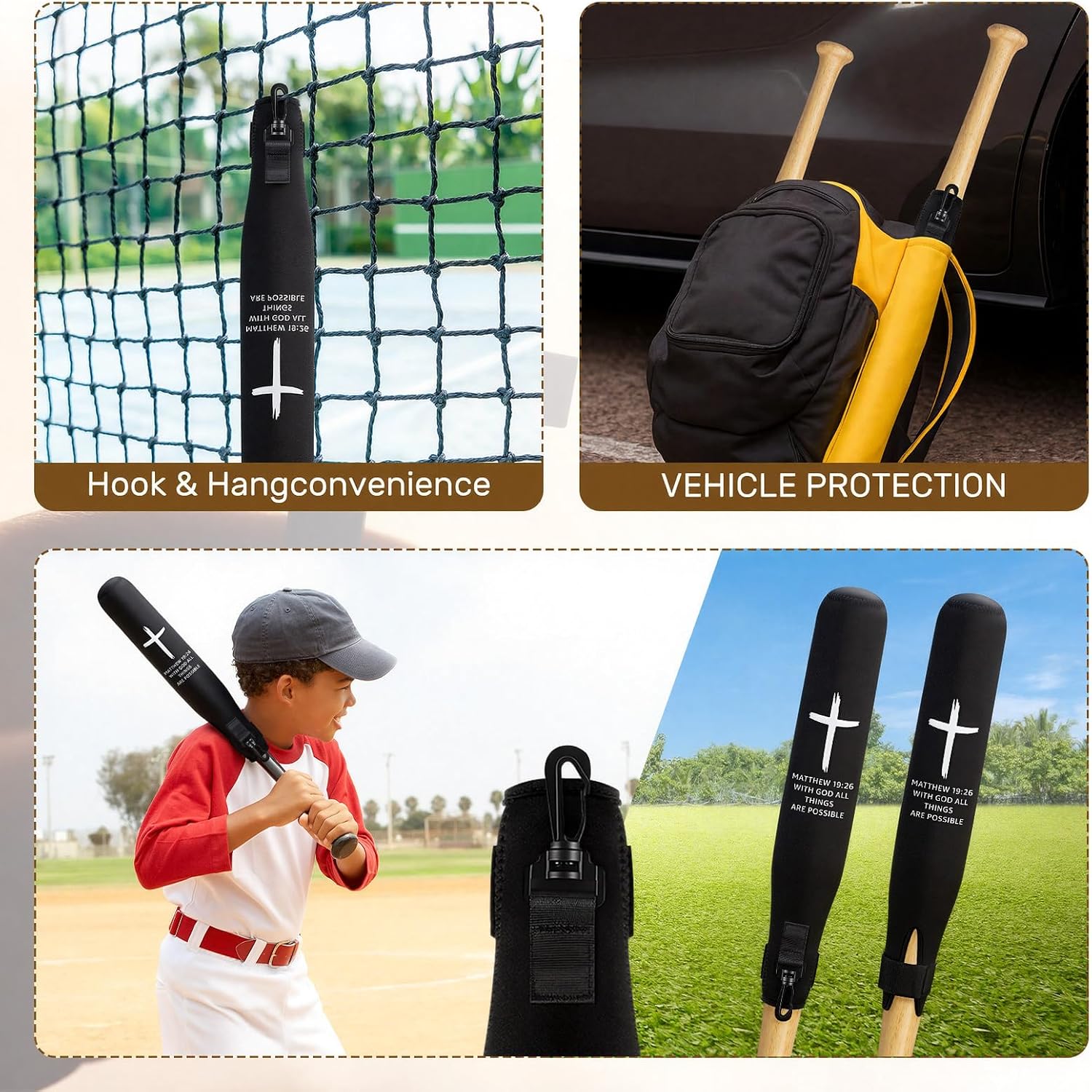 2 Pcs Christian Baseball & Softball Handle Cover Religious Baseball Bat Sleeve Bat Grips Softball Tape Removal Protector for Hanging on Fence Warmer & Cover with Hook