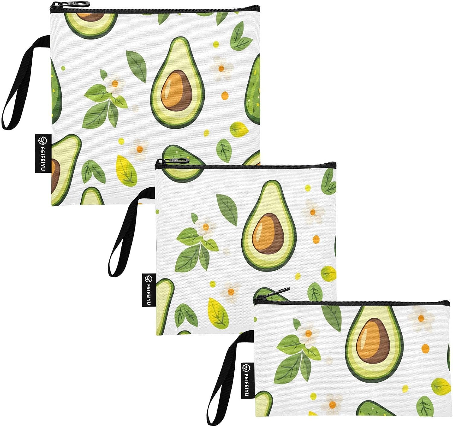 Reusable Sandwich and Snack Bags, Avocado Cucumber Pattern for Adults or Lunch, Washable Fabric, Waterproof Cloth Zip Bag, Travel Pouch, Food-Safe Storage 3-pk