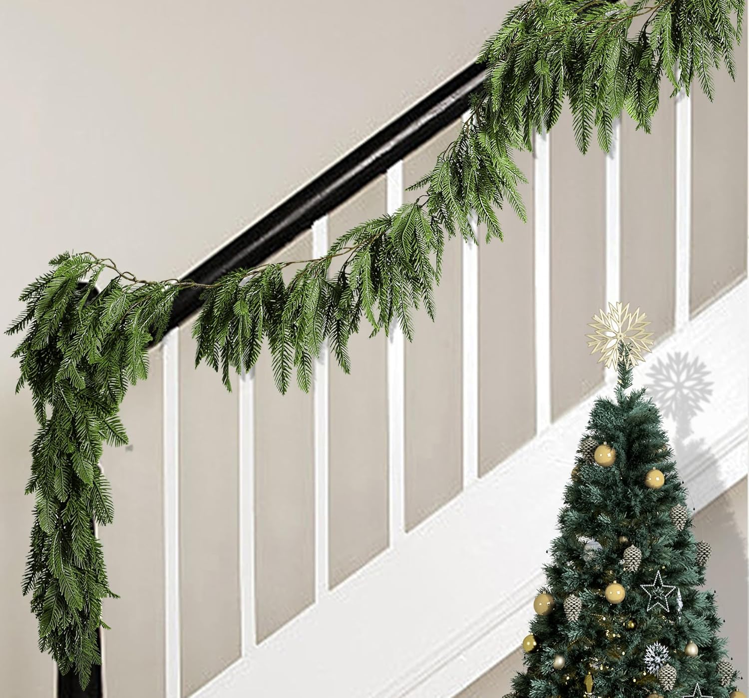 Watayo 2 Pcs Christmas Norfolk Pine Garland, 6 Ft 3 Fork Dense Real Touch Pine Garland Ornament, Realistic Artificial Pines Greenery Garlands for Christmas Holiday Mantle Fireplace Table Home Decor - Image 5