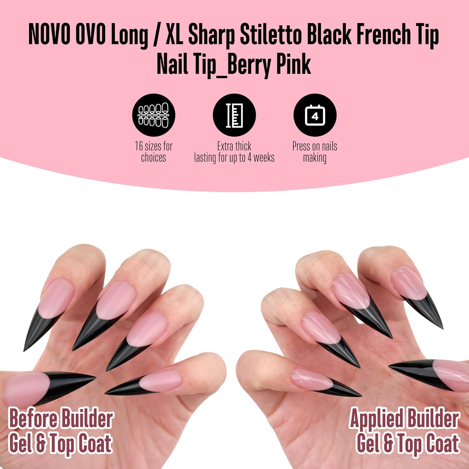 NOVO OVO Black French Tip Long XL Sharp Stiletto Nail Tips Press on BERRY PINK, Soft Gel Double Matte Fake Nail Extension, Full Cover False Nails for Acrylic DIY x 16 Sizes 160 pcs