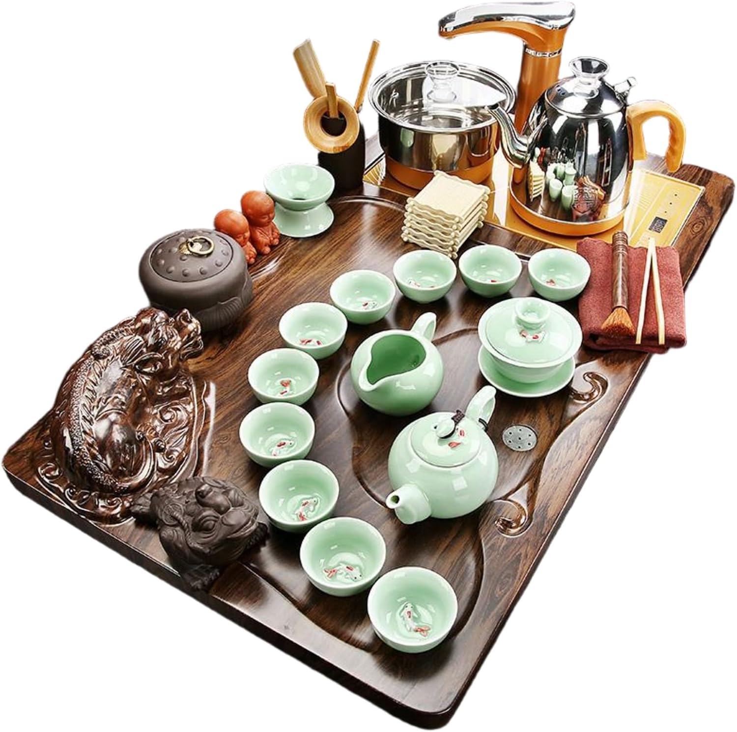 MOYEE Chinese Gongfu Tea Set,Home,Gifting and Office 套装家用中号 Solid Wood Tea Tray 实木茶盘 Chinese Gongfu Tea Tray Fully Automatic Tea Set,全自动电磁炉招财貔貅茶台茶海办公 A921
