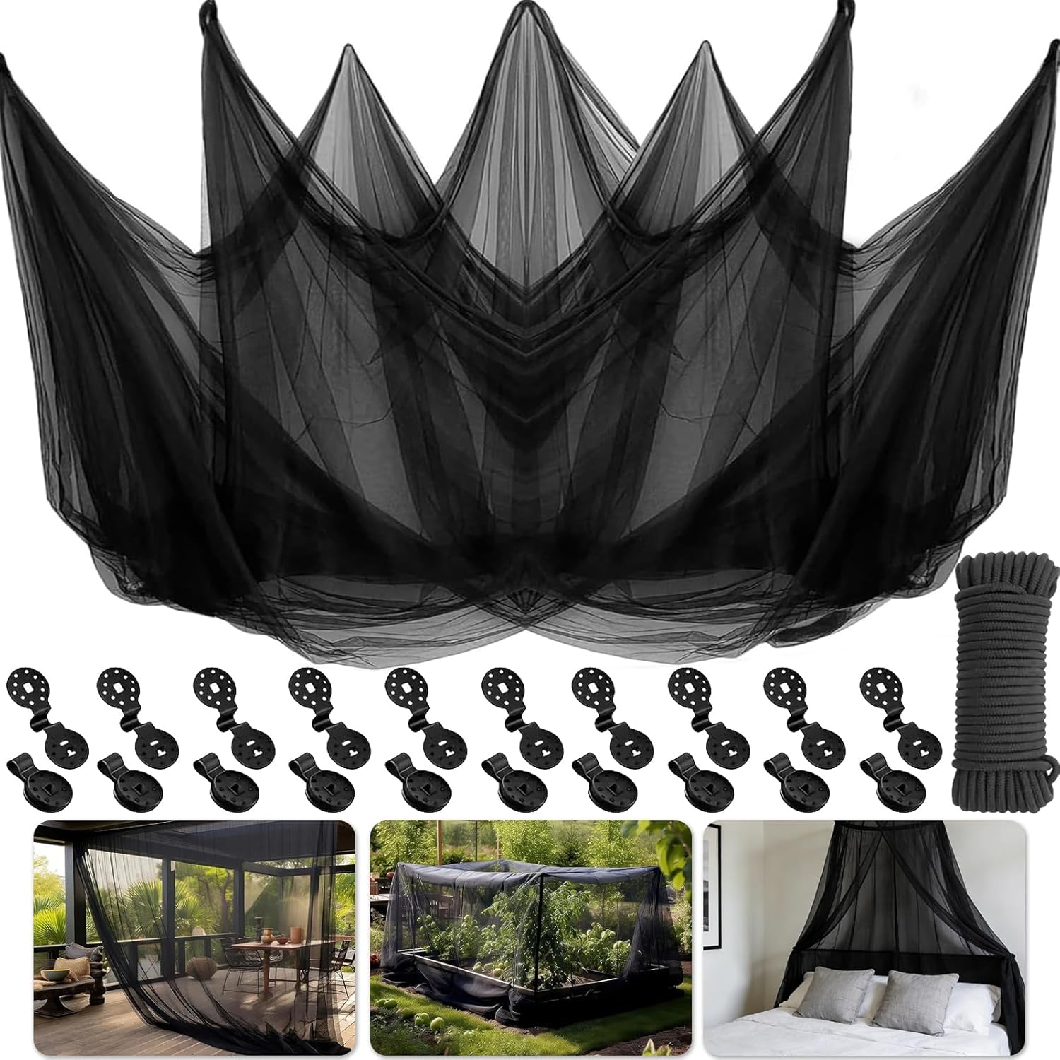 Black Garden Hidden Mesh Netting, DIY Halloween Spooky Cheesecloth, Large Soft Mosquito/Insect/Bugs Mesh with Hanging Buttons and Rope for Plant Protection and Hunting Blind, 10x66FT