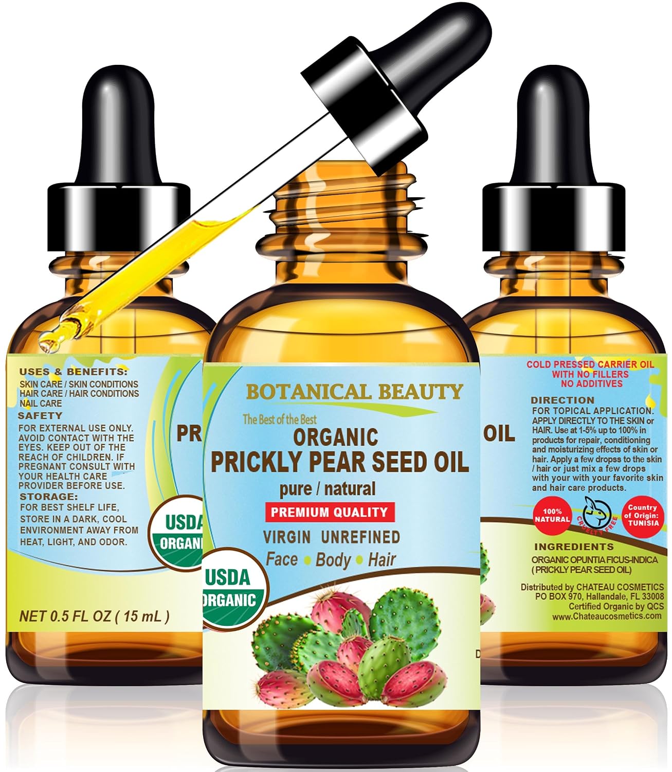 Botanical Beauty Certified Organic Prickly Pear Cactus Seed Oil Pure 100% Natural Undiluted Virgin Unrefined Cold Pressed Carrier Oil for Face, Skin, Hair, Body, Nails. Vitamin C 0.5 Fl Oz - 15 ml
