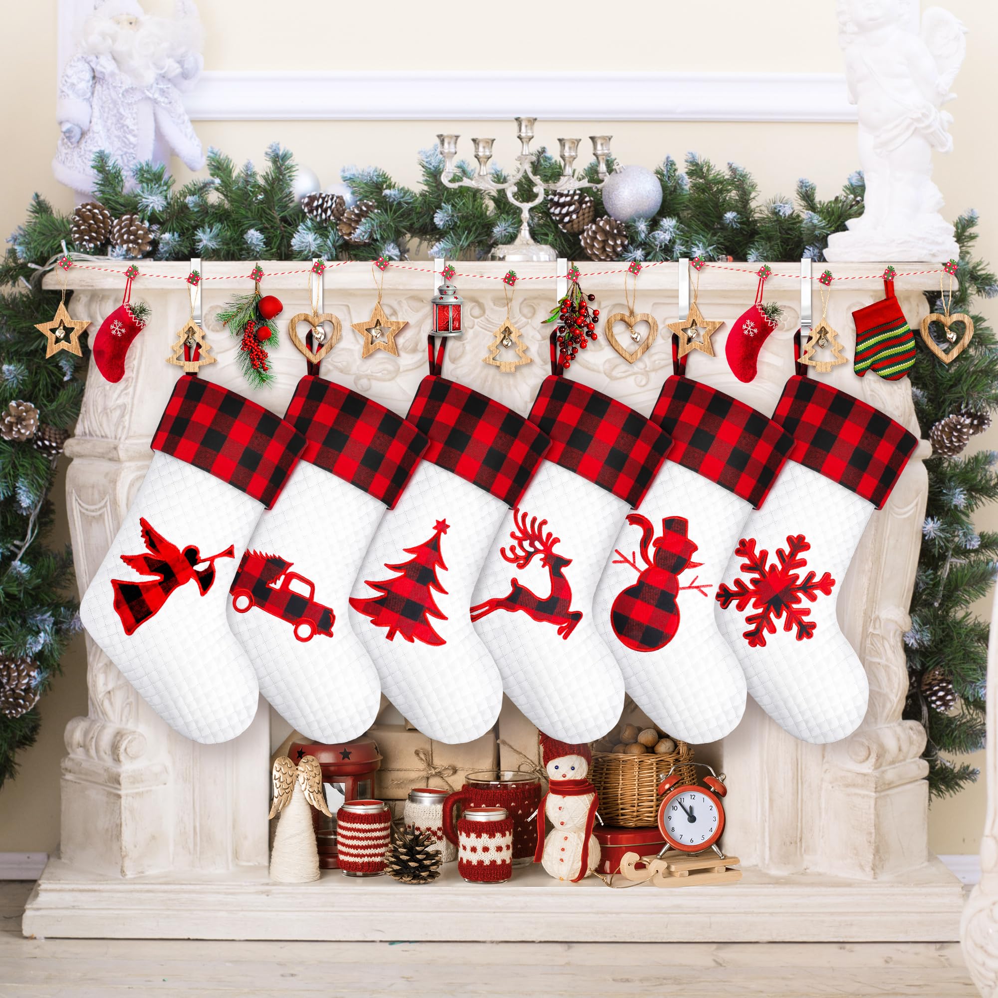 FovthsFovths 6 Pack Large Christmas Stocking 20 Inches Red Black Buffalo Plaid Xmas Stocking Cotton Fireplace Hanging Stockings Decorations for Family Holiday Hanging Ornament Xmas Home Party Decor