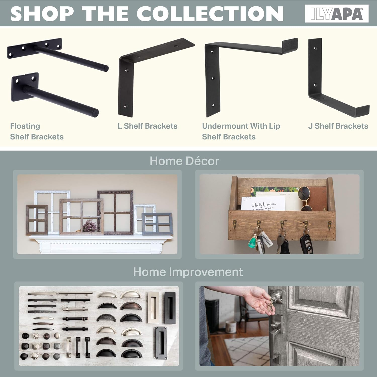 Ilyapa Heavy Duty Floating Shelf Brackets, 4 Pack - 4 x 6 Inch Black Metal Shelf Holders for Wall Mount Shelves