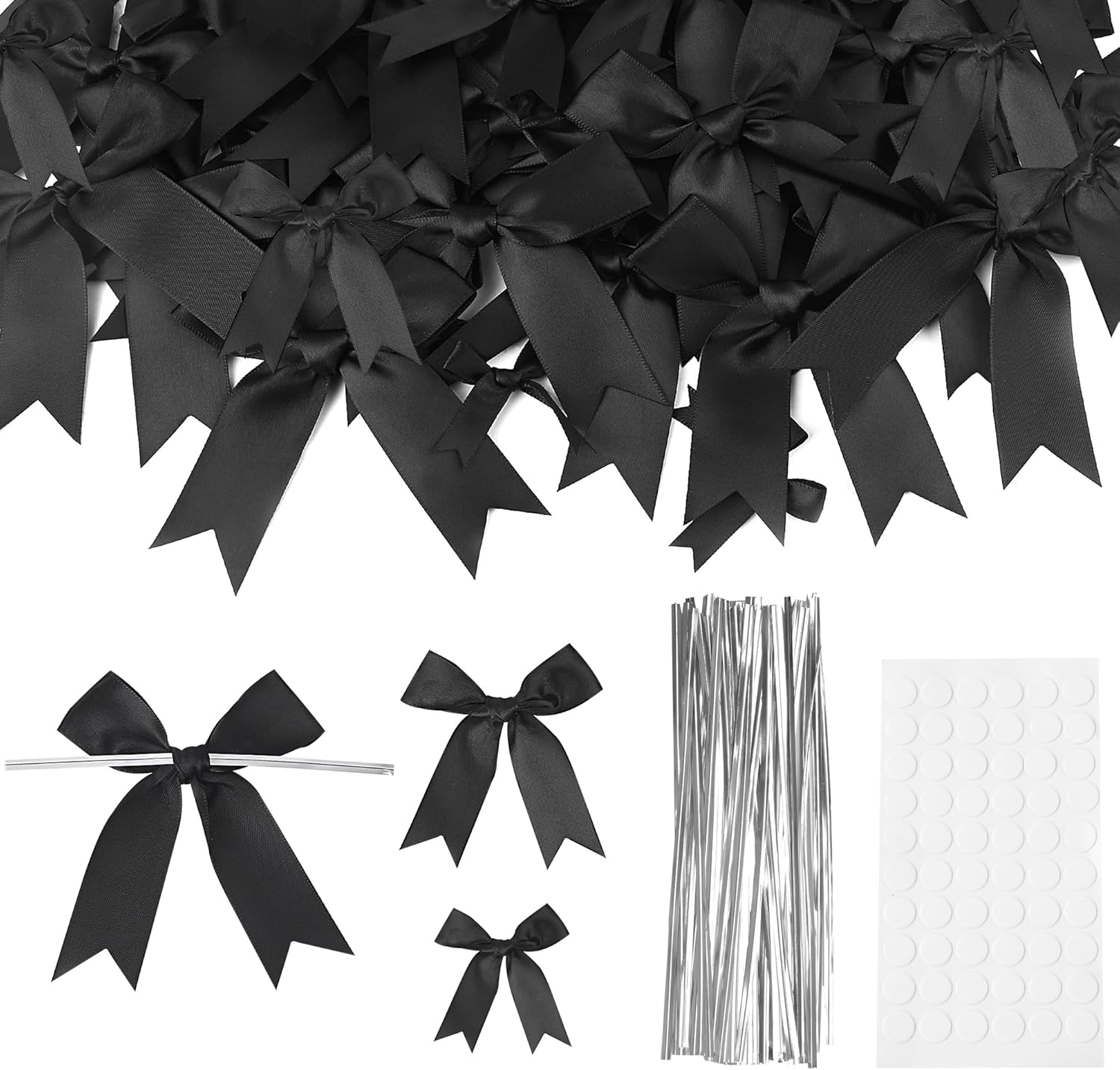 Oubest Black Bows for Gift Wrapping, 60 PCS 1.57", 2.5" & 3.5" Satin Ribbon Gift Wrap Bows with Twist Tie for Christmas,Birthdays,Baby Shower,Weddings,Crafts,Holiday Presents,Party Decorations, Black