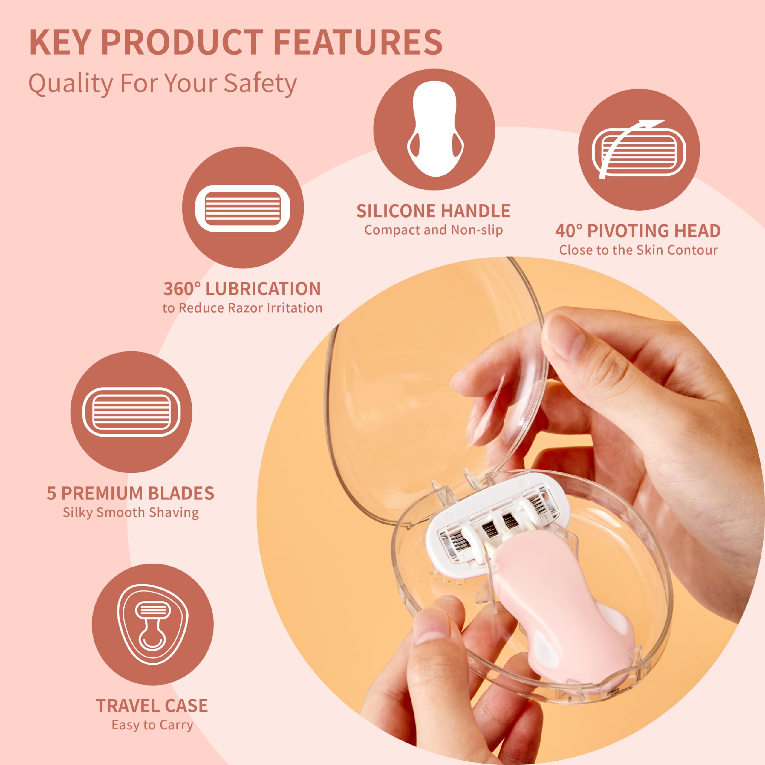 BeautyGlow Mini Rasierer für Frauen, Extra Smooth On The Go Rasierer mit 1 Griff + 5 Klingen Nachfüllungen + 2 Reiseetui, Tragbarer Körperrasierer für Rasur und Haarentfernung (Rosa)