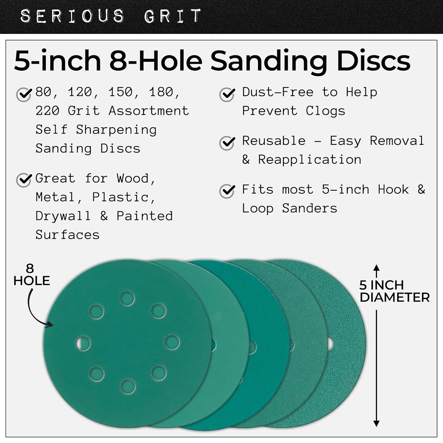 Serious Grit Sanding Discs 5 Inch 8 Hole Assortment - 80, 120, 150, 180, 220 Grit (10/Each) - Heavy-Duty Hook & Loop Wet Dry Film Sandpaper Discs - Sand Paper for Random Orbital Sanders - 50 Pack Box