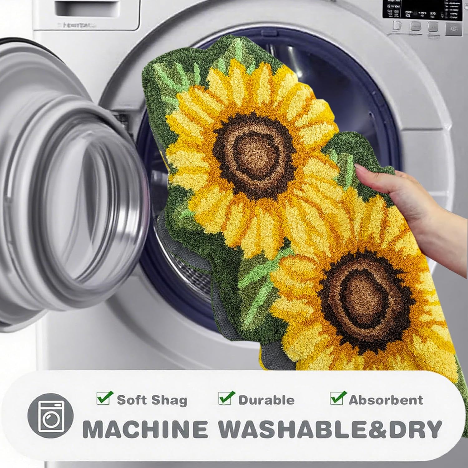 ABREEZE Sunflower Toilet Rug, Shaggy U-Shaped Bathroom Rugs, Soft Comfortable Contour Mat for Bathroom Floor, 31 X 29, Non-Slip Bath Carpet, Maximum Absorbent, Dry Quickly, Machine-Washable