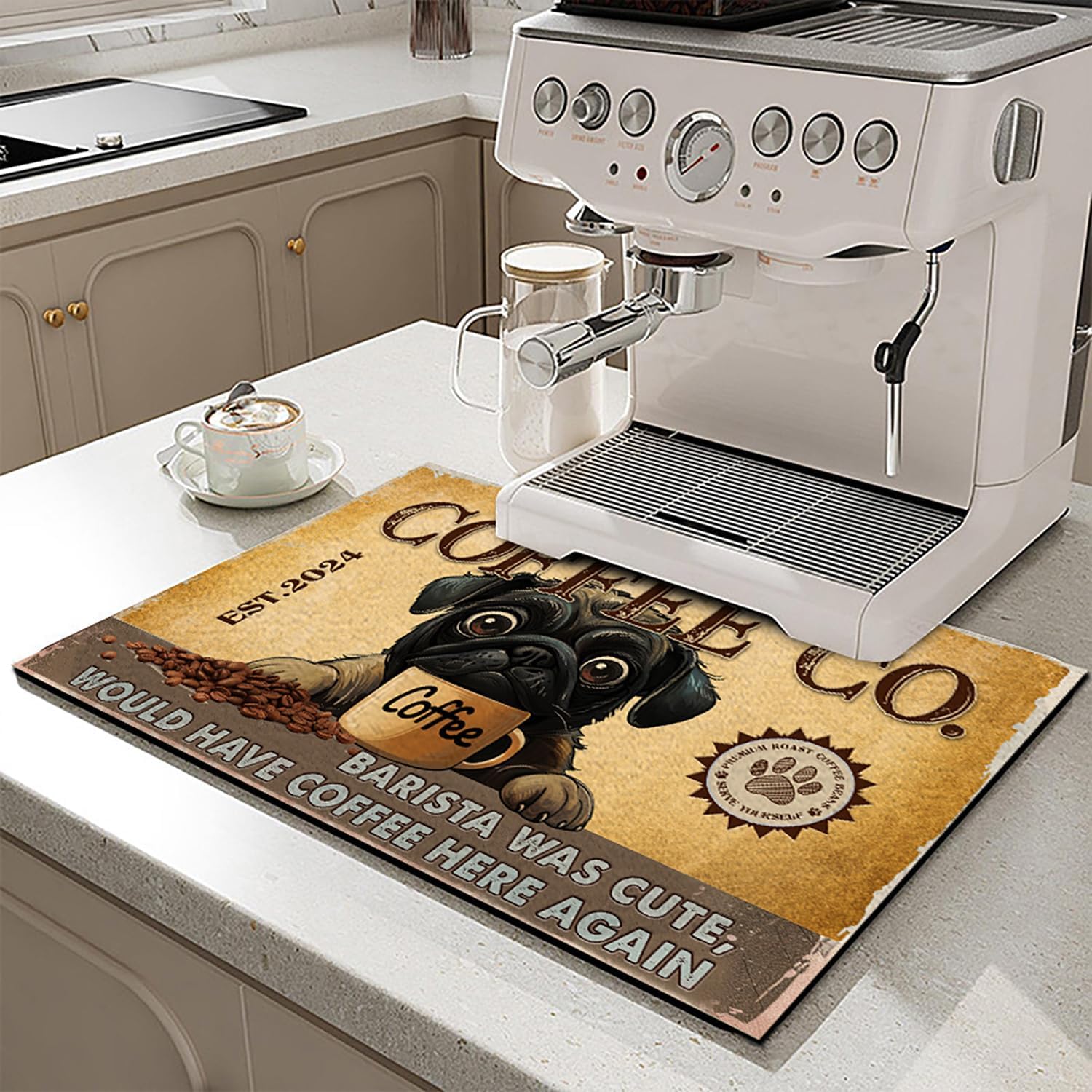 THUYPT Personalized Dog Coffee Bar Mat, Coffee Drying Mat for Home Bar, Absorbent Coffee Maker Mats for Countertop, Dog Lover Gifts (06)