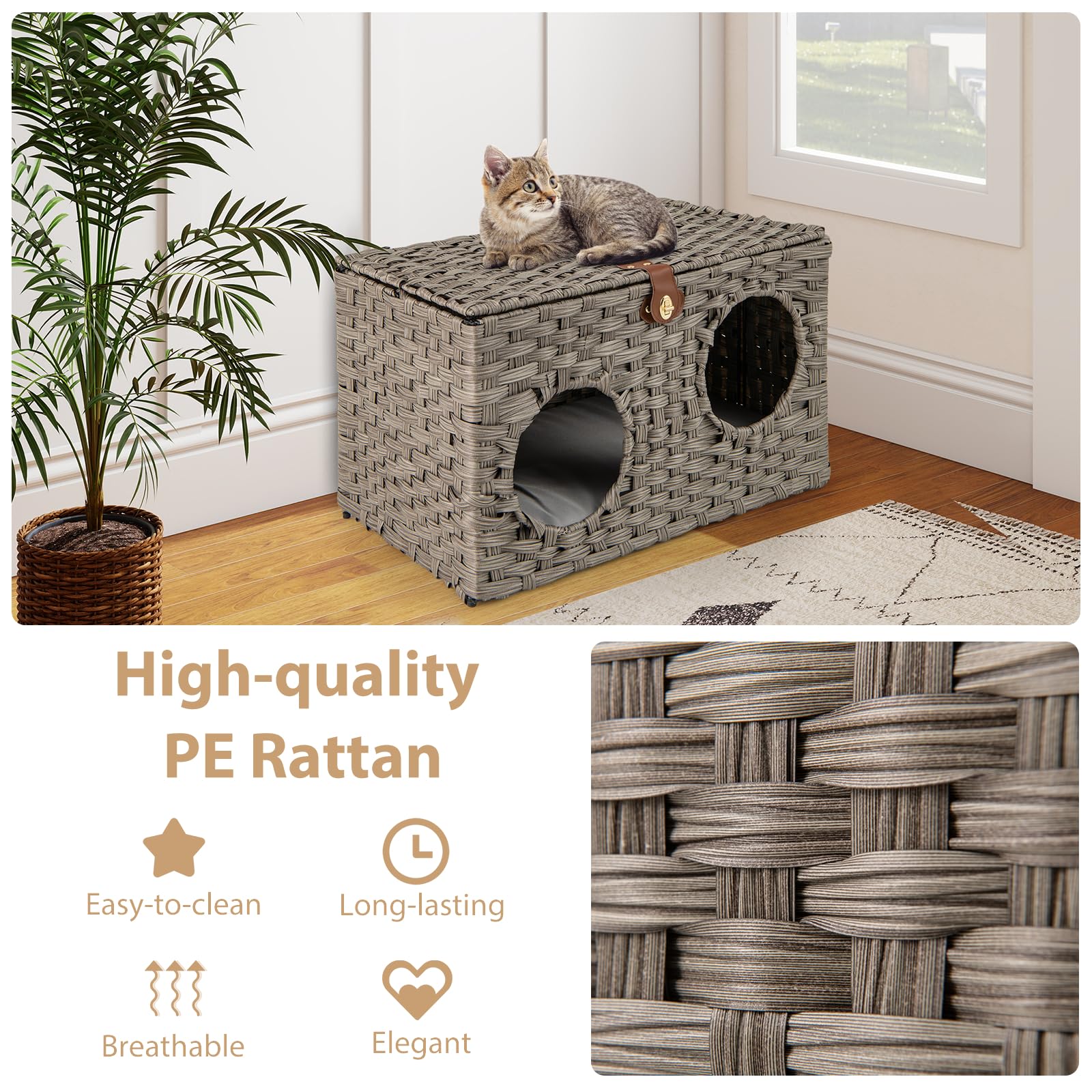 GYMAX Cuccia pieghevole per gatti, in rattan, con cuscino morbido lavabile e coperchio bloccabile, per interni, soggiorno e camera da letto (grigio, 60 x 35 x 35 cm)