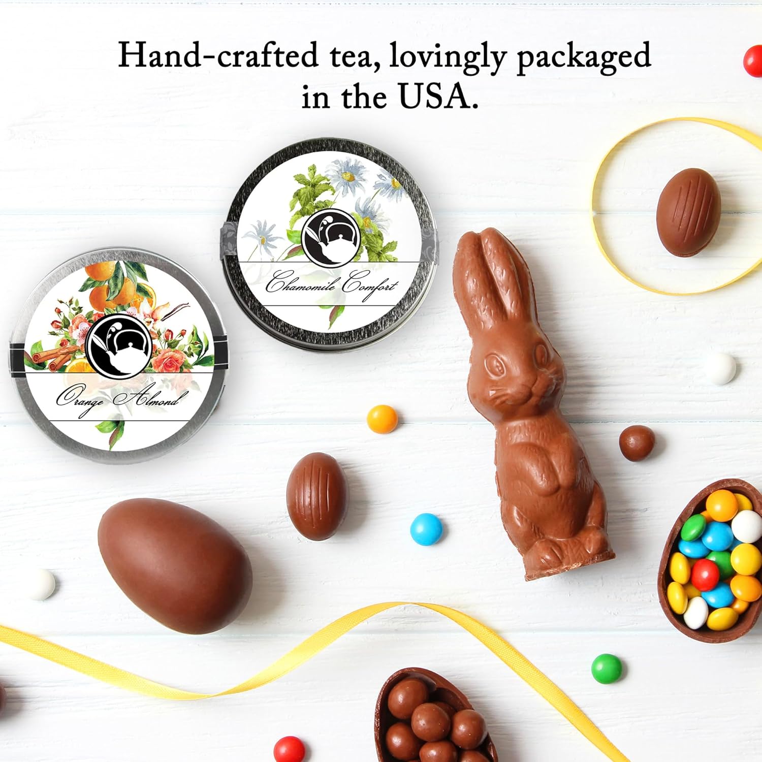 Easter Tea Gift Basket by La Tea Dah, Five Tins of Premium Tea & Two Honey Stirrers In a Festive Easter Basket, Hibiscus, Vanilla, Chamomile, Orange Almond, & Earl Grey Tea, Easter Gifts for Adults
