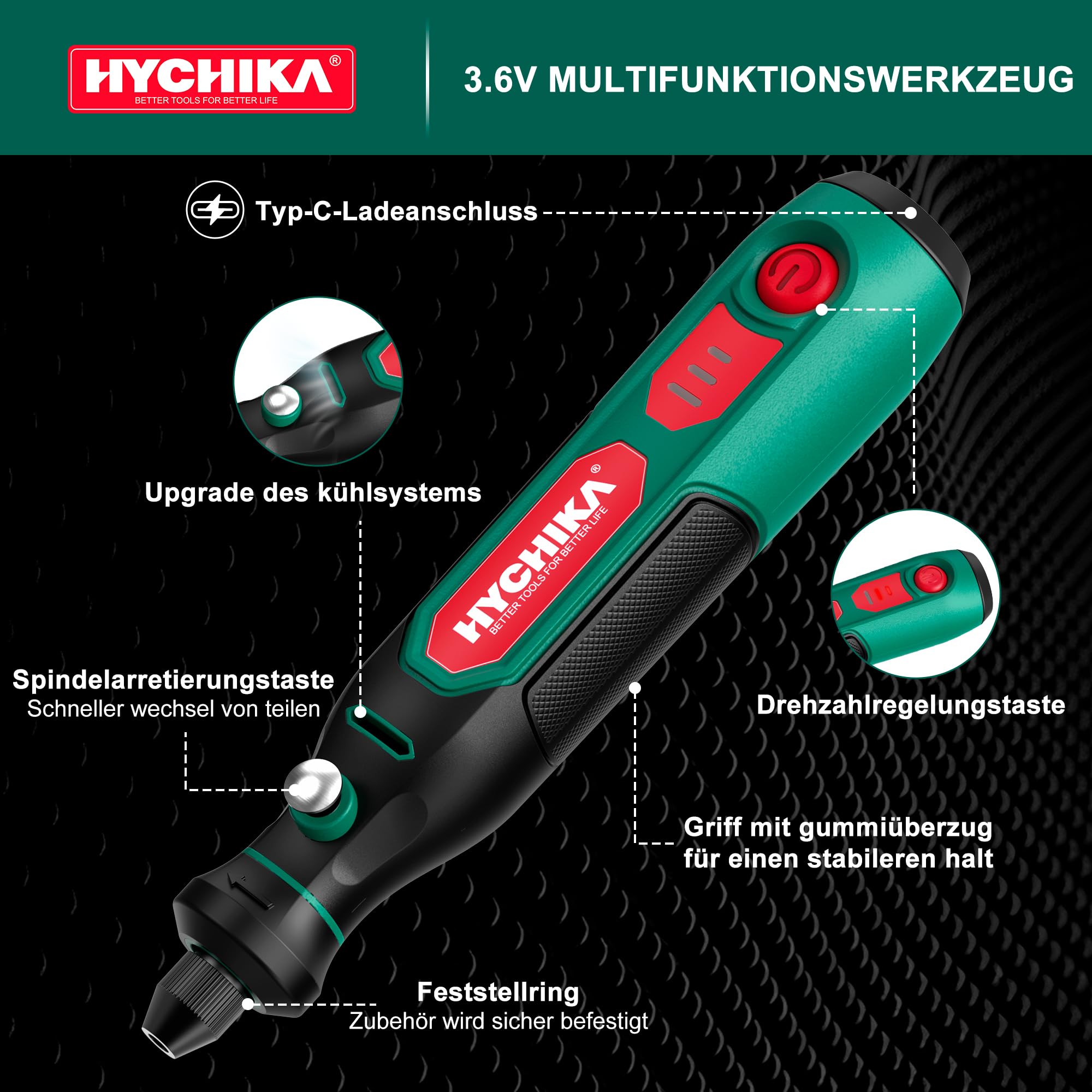 HYCHIKA 3,6V Akku Multifunktionswerkzeug Kit - 77-teiliges Zubehör für Bohren, Schleifen, Polieren, Gravieren，Mini Rotationswerkzeug mit regelbarer Geschwindigkeit und USB-C-Ladung.