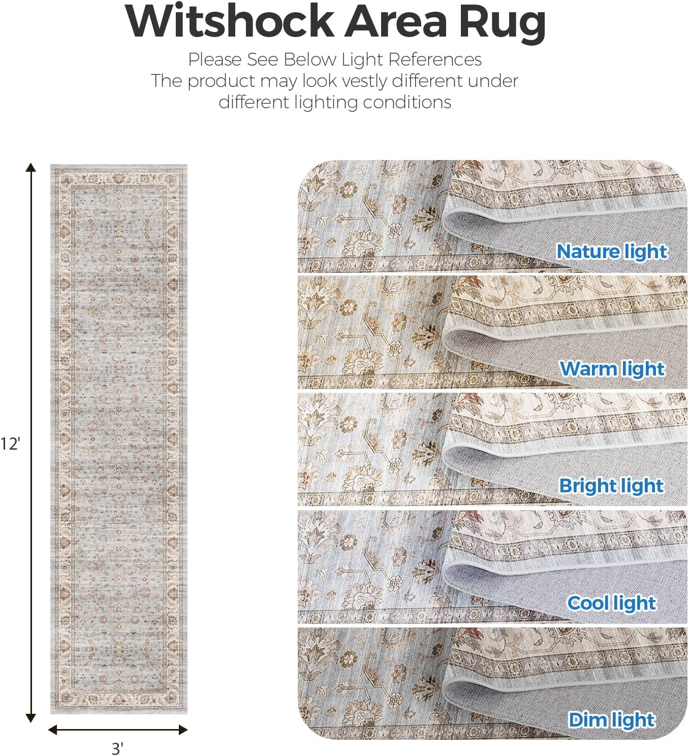 WITSHOCK 3x12 Runner Rugs for Hallway: Machine Washable Non Slip Vintage Carpet - Low Pile Lightweight Print Rug for Kitchen Laundry Room Bedroom Beside Rug - Pet & Kids Friendly (Light Blue)