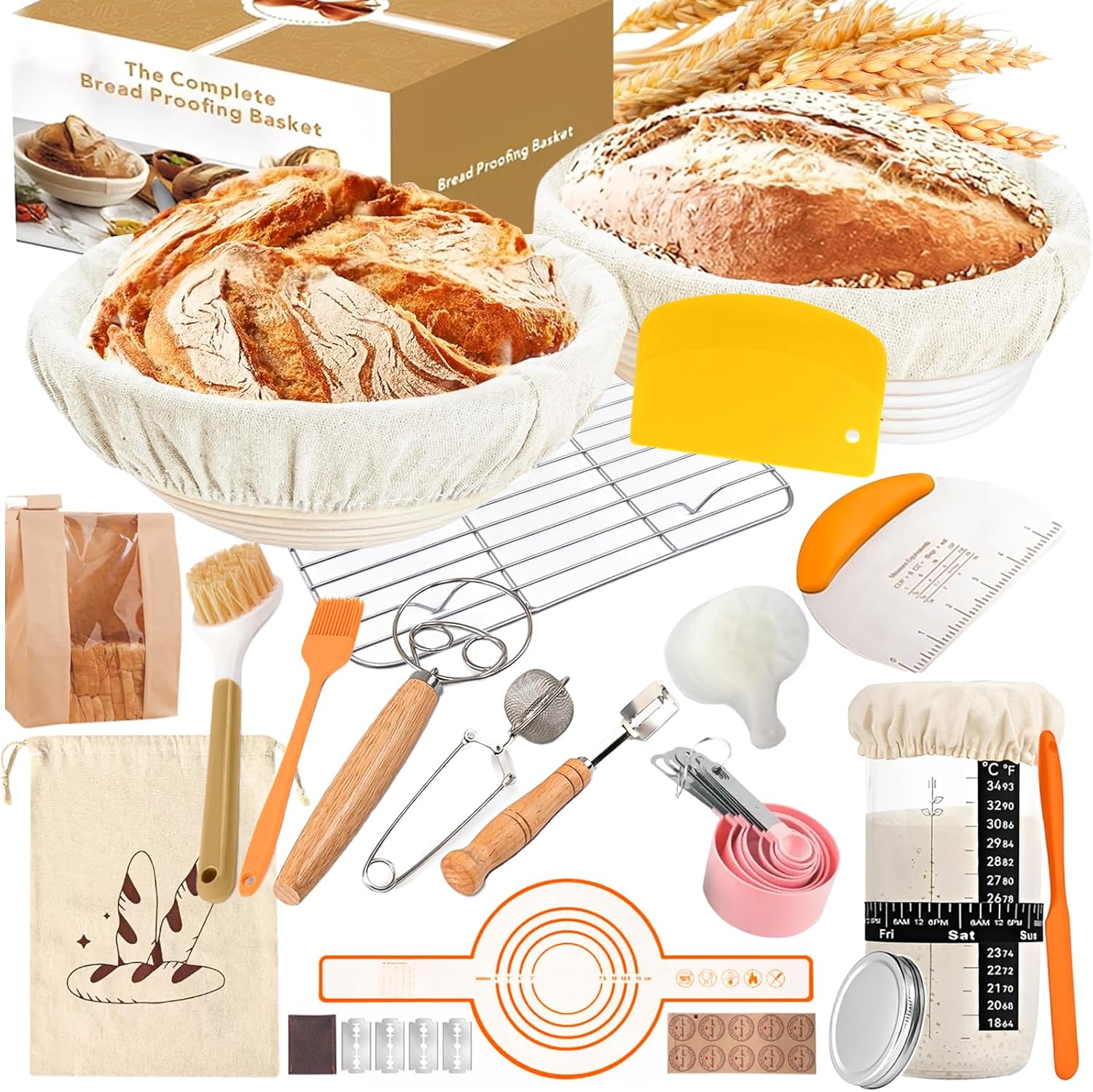 Complete Sourdough Baking Kit with Proofing Baskets, Starter Jar & Tools – All-in-One Bread Making Kit for Beginners & Artisan Sourdough Bread Baking Supplies with Bread Lame, Scrapers & Bags