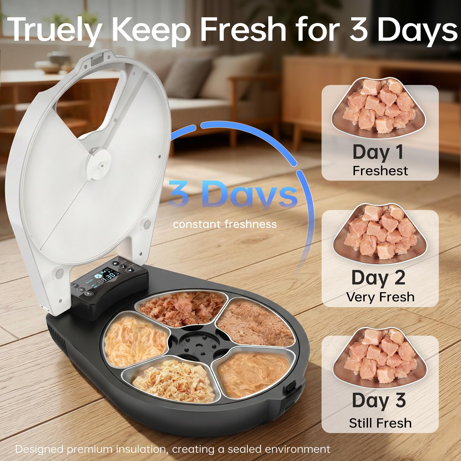 Distributore Automatico Cibo Gatti Umido, 5 Pasti Freschi in 3 Giorni, Raffredd. & Riscald. Semiconduttore Distributore Cibo Umido Gatti, Ciotola Inox 304, Dispenser Per Gatti Con Programmabile