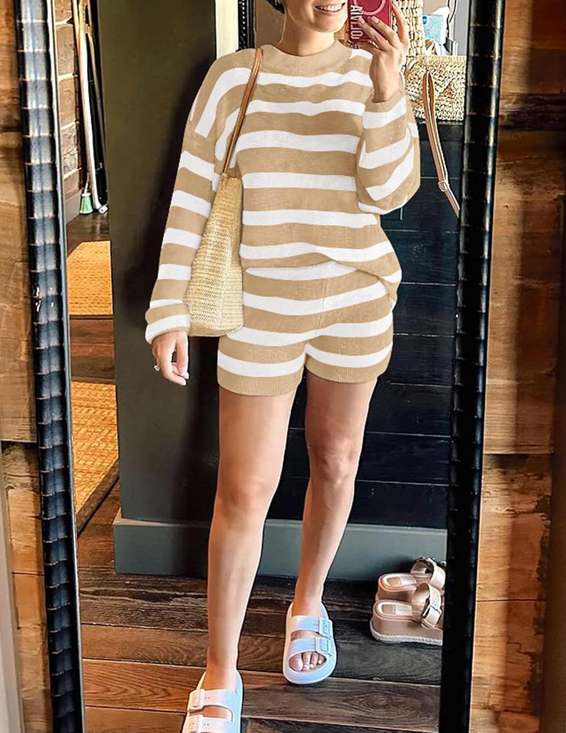 ZESICA Striped Lounge Sets for Women Fall 2026 2 Piece Oversized Outfits Long Sleeve Tops and Shorts Sweater Pajama Set - Image 6