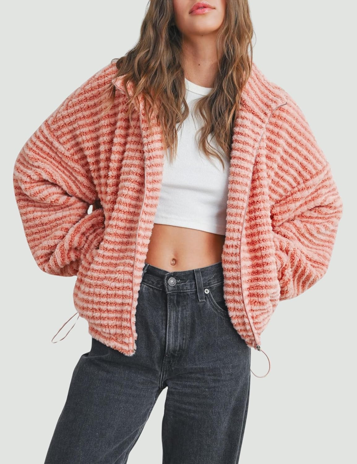 InterNos Women's Striped Sherpa Jacket Fuzzy Zip Up Cropped Outerwear Drawstring Hem Fleece Jacket with Pockets