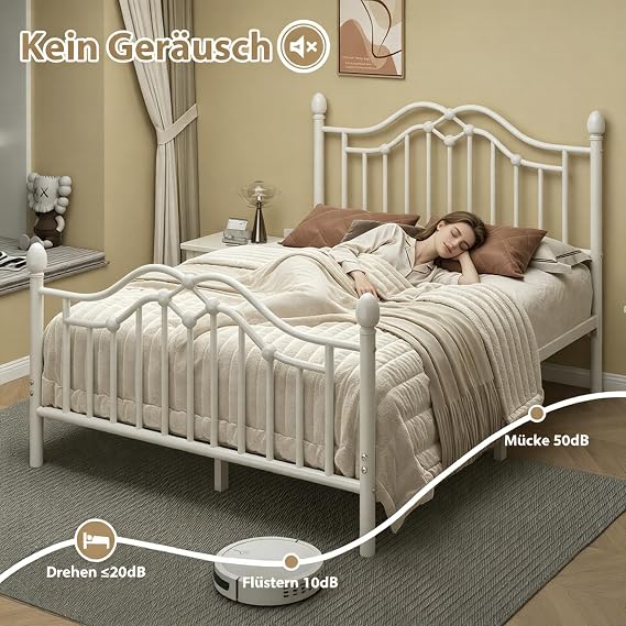 E-Motie Bed 140 x 200 cm Metal Bed with Headboard and Footboard Slatted
