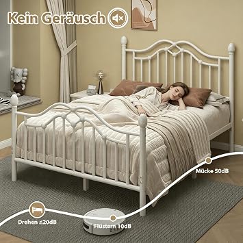E-Motie Bed 140 x 200 cm Metal Bed with Headboard and Footboard Slatted