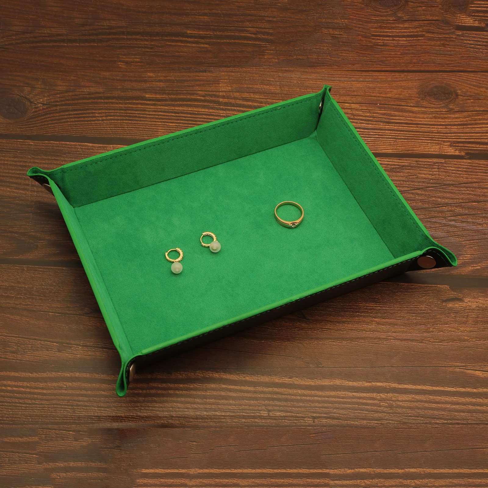Organizador de valet – Bandeja para joyas, carteras, relojes, llaves, monedas, teléfonos, gafas, perfecto para mesita de noche, escritorio, entrada, 10.6 x 8.3 x 1.6 pulgadas, piel sintética
