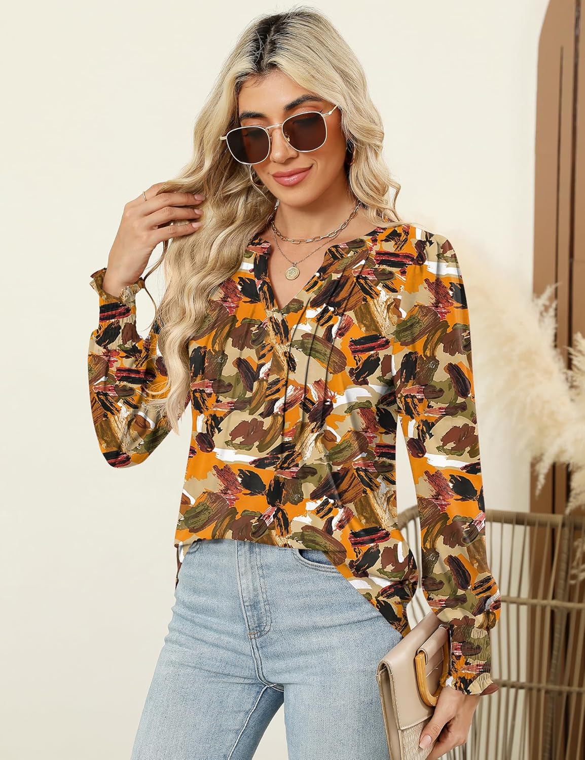 LOMON Womens Tops Dressy Casual Pleated Ruffle Long Sleeve Tunics Tops to Wear with Leggings V Neck Work Blouse - Image 5